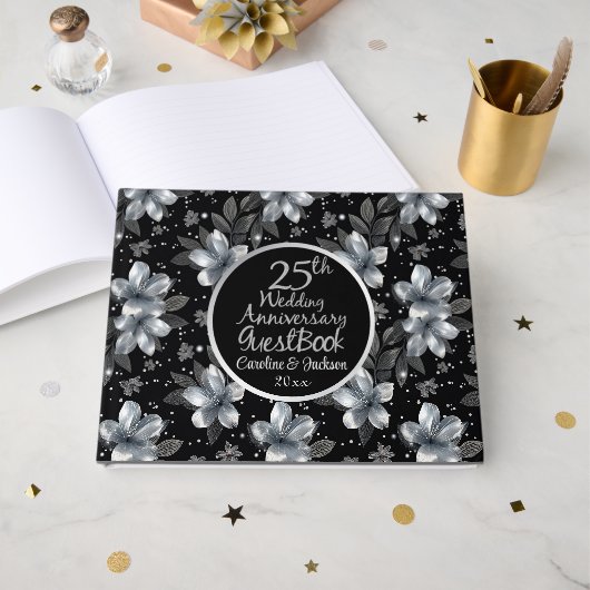 25周年シルバーグリッター花柄結婚記念日 ゲストブック (正面見開き)