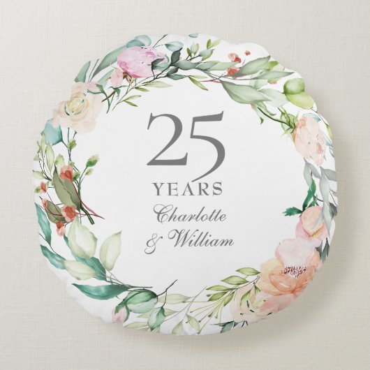 25周年シルバー記念のバラの水彩花柄 ラウンドクッション (正面)