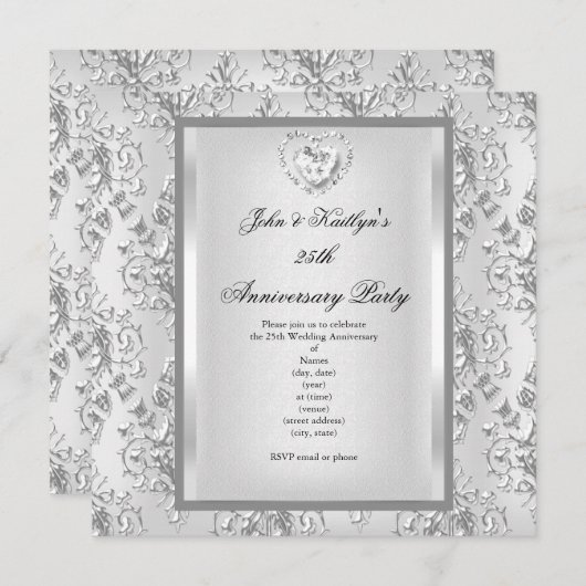 25周年パーティー ダマスク シルバー ホワイト2 招待状 (正面/裏面)
