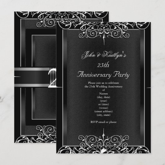 25周年パーティー 黒板 シルバー 花 3 招待状 (正面/裏面)