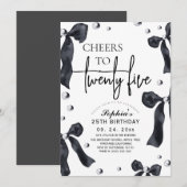 25周年ブラックホワイトリボン誕生日パーティー 招待状 (正面/裏面)