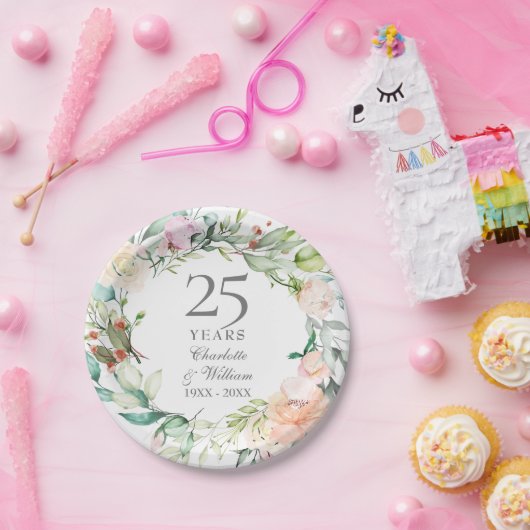 25周年結婚シルバーウォーター色フローラ ペーパープレート (パーティー)