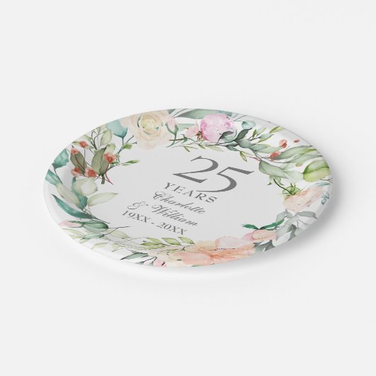 25周年結婚シルバーウォーター色フローラ ペーパープレート (アングル)