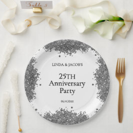 25周年結婚記念シルバーのラメ ペーパープレート