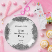 25周年結婚記念シルバーのラメ ペーパープレート (パーティー)