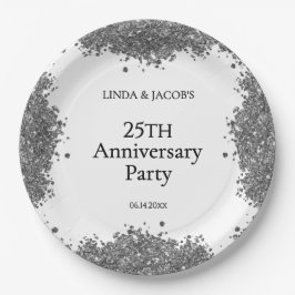 25周年結婚記念シルバーのラメ ペーパープレート