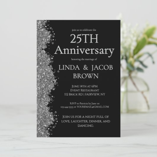 25周年結婚記念シルバーのラメ 招待状 (スタンド正面)