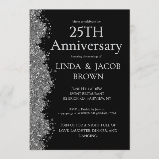 25周年結婚記念シルバーのラメ 招待状 (正面)