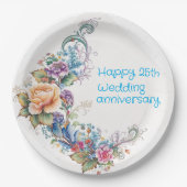 25周年結婚記念日のおめでとうスクリプトと黄色とピンクの花輪 ペーパープレート (正面)