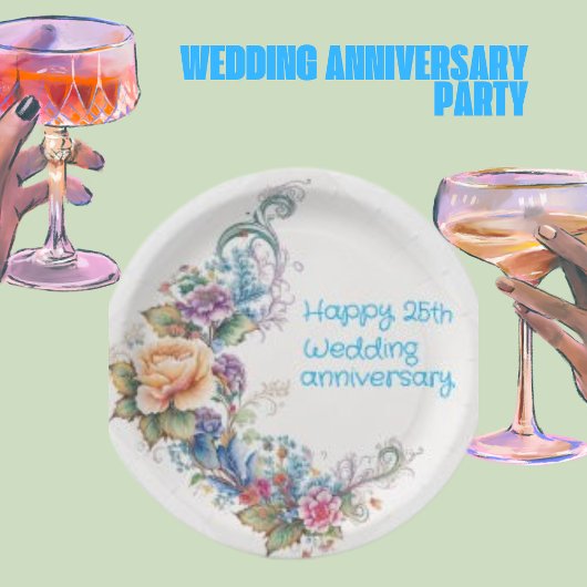 25周年結婚記念日のおめでとうスクリプトと黄色とピンクの花輪 ペーパープレート