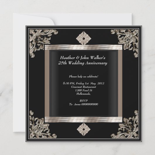 25周年結婚記念日のアートデコ ブラックセピア 招待状 (裏面)