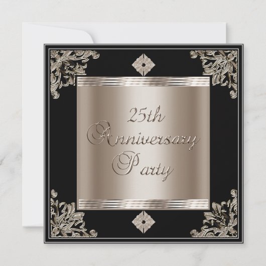 25周年結婚記念日のアートデコ ブラックセピア 招待状 (正面)