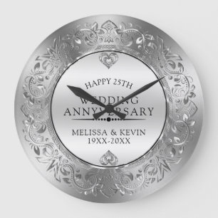 25周年結婚記念日のシルバーとホワイトダイヤモンド2 ラージ壁時計