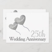 25周年結婚記念日のシルバーハート風船 招待状 (正面/裏面)