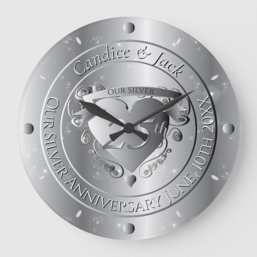 25周年結婚記念日のシルバーハート ラージ壁時計 (正面)