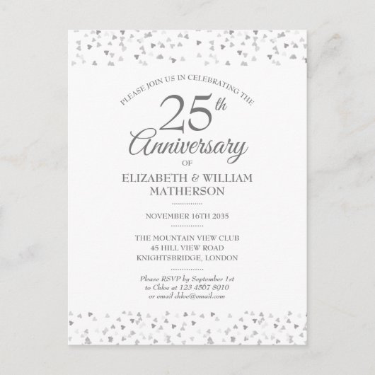 25周年結婚記念日のシルバーラブハート インビテーションポストカード (正面)