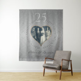 25周年結婚記念日のシルバー写真ハート タペストリー