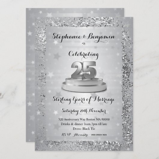 25周年結婚記念日のシルバー グリッター エレガント 招待状 (正面/裏面)
