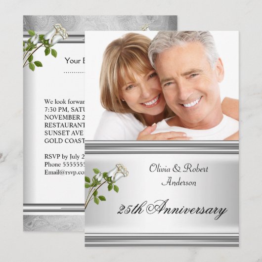 25周年結婚記念日のシルバー ホワイト ローズ 招待状 (正面/裏面)