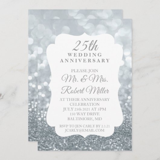 25周年結婚記念日のスパークリングシルバー招待状 招待状 (正面/裏面)