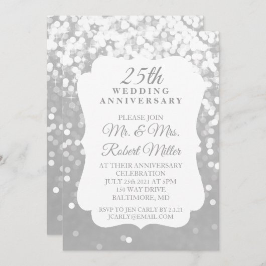 25周年結婚記念日のスパークリングシルバー招待状 招待状 (正面/裏面)