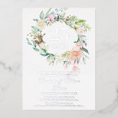 25周年結婚記念日のローズ フラワープリント シルバー 箔招待状 (正面)