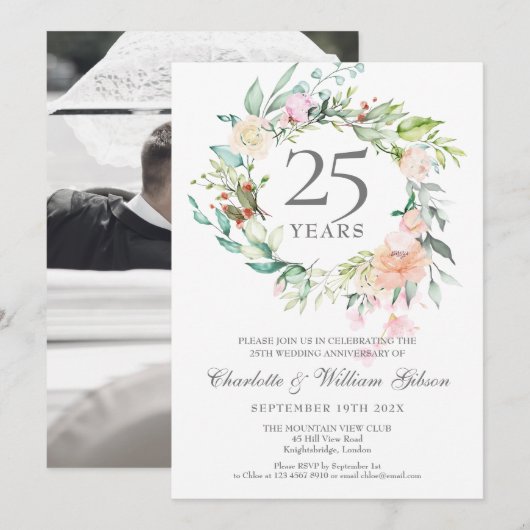 25周年結婚記念日の写真とバラの花環 招待状 (正面/裏面)