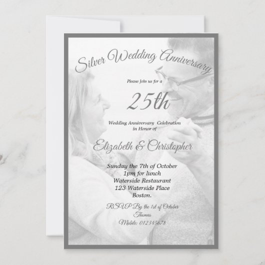 25周年結婚記念日の写真 シルバー ブラック ホワイト 招待状 (裏面)