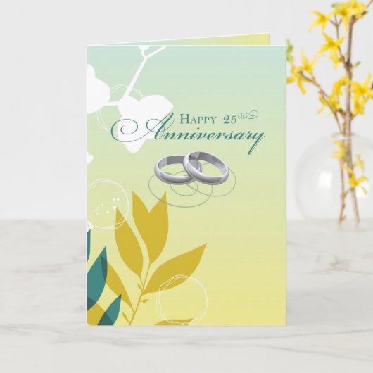 25周年結婚記念日の宗教的な指輪 - 緑の背景 カード (黄色い花)