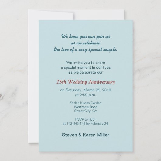 25周年結婚記念日の招待状 ワイングラスとバラ 招待状 (裏面)