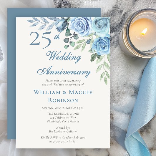 25周年結婚記念日の青い花のエレガントなパーティー 招待状