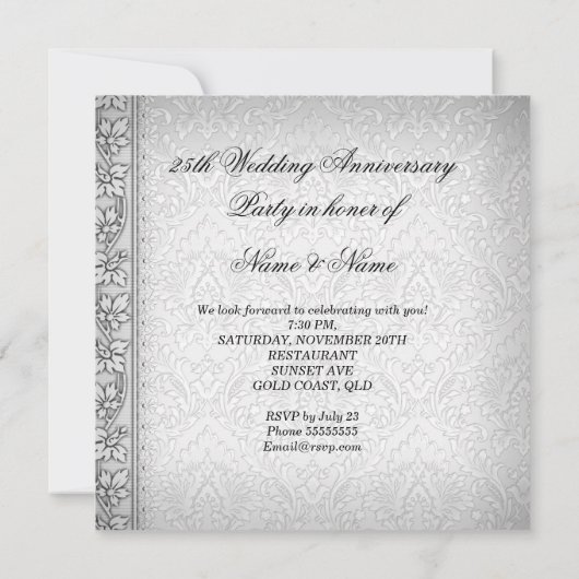 25周年結婚記念日パーティーパールホワイトシルバー 招待状 (裏面)