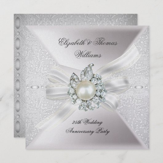 25周年結婚記念日パーティー ラ lace パールホワイト 招待状 (正面/裏面)