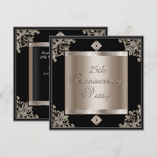 25周年結婚記念日 アートデコ ブラック セピア 招待状 (正面/裏面)
