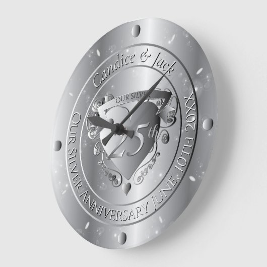 25周年結婚記念日 シルバーハート ラージ壁時計 (傾斜)