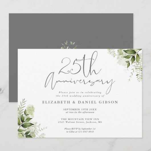 25周年結婚記念日 シルバー スクリプト フラワーリーフ 招待状 (正面/裏面)