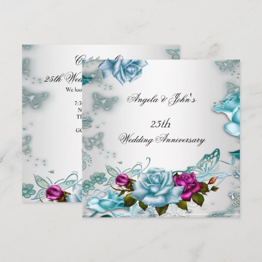 25周年結婚記念日 ブルー 花 ピンク 招待状 (正面/裏面)
