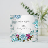 25周年結婚記念日 ブルー 花 ピンク 招待状 (スタンド正面)