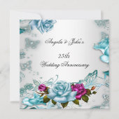 25周年結婚記念日 ブルー 花 ピンク 招待状 (正面)