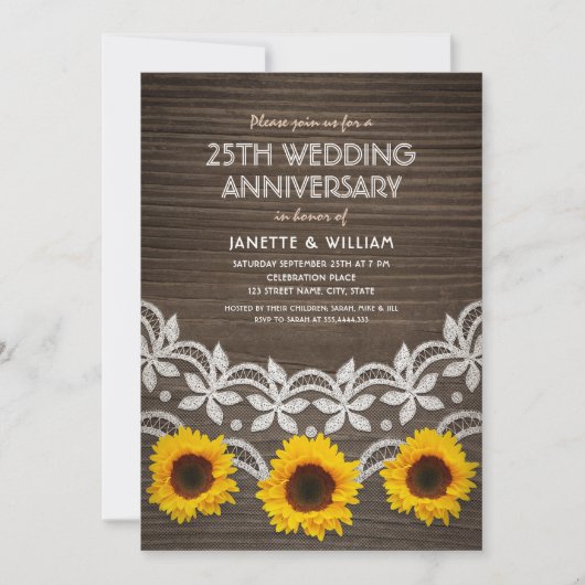 25周年結婚記念日 ラスティックひまわりレース 招待状 (正面)