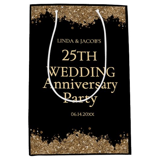 25周年結婚記念 ゴールドグリッター ミディアムペーパーバッグ (正面)