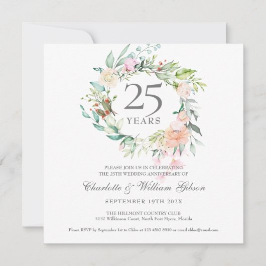 25周年記念のシルバーアニバーサリー ローズ グリーン ガーランド 招待状 (正面)