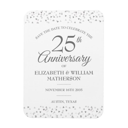 25周年記念のシルバー・ハート Save the Date マグネット (縦)