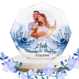 25周年記念のソフトブルーのフラワーモチーフの結婚記念日記念品 フォトブロック