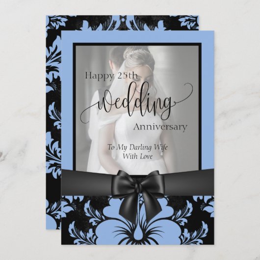 25周年記念の伝統的な写真を幸せに, 25周年記念の伝統的な写真 黒いリボン、青い花柄 オーダーメイ 招待状 (正面/裏面)