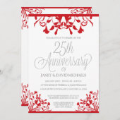 25周年記念の植物モチーフの赤いカード 招待状 (正面/裏面)