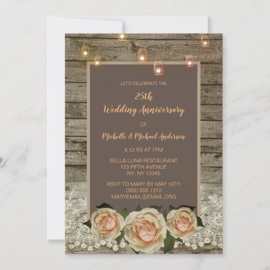 25周年記念の素朴なローズレースメイソンジャー ライト 招待状 (正面)
