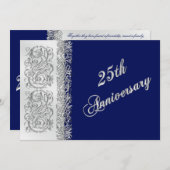 25周年記念の装飾的な銀のスクロールが付いたネイビー 招待状 (正面/裏面)