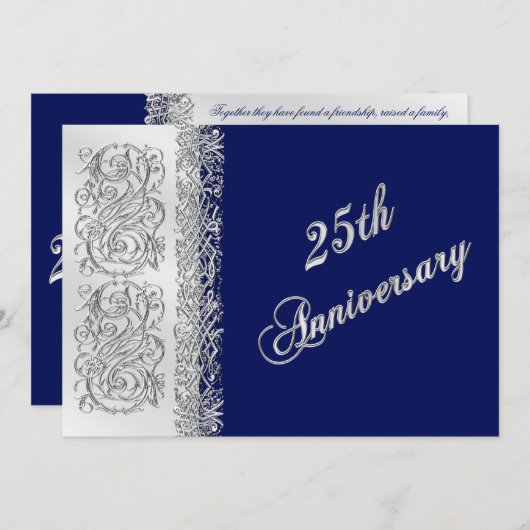 25周年記念の装飾的な銀のスクロールが付いたネイビー 招待状 (正面/裏面)