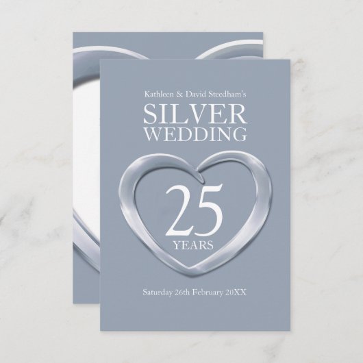 25周年記念の銀婚式 ハートの返信カード 出欠カード (正面/裏面)